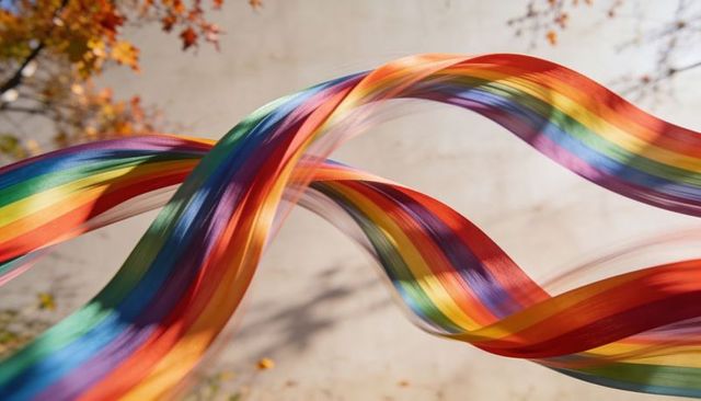 Twisting satin rainbow ribbons creating flowing colorful arcs against sunlit plaster wall