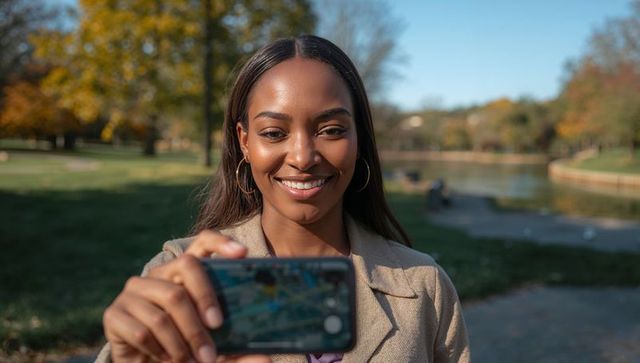 Smiling Woman Holding Smartphone in Autumn Park