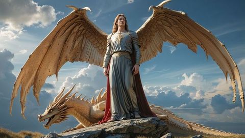 Epic celestial warrior commanding golden dragon in mythical landscape