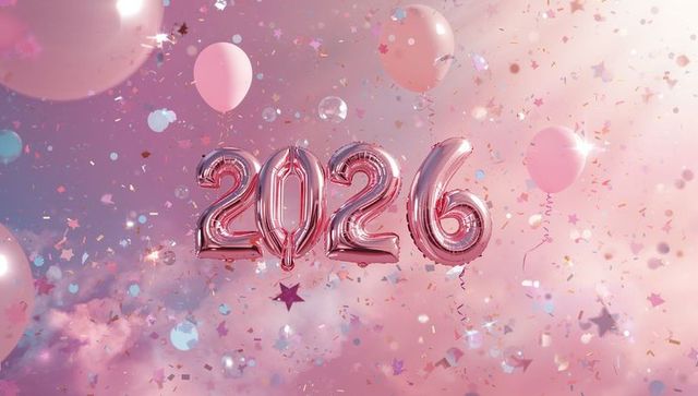 Floating rose-gold 2026 balloons with pastel confetti, glitter and bokeh celebration