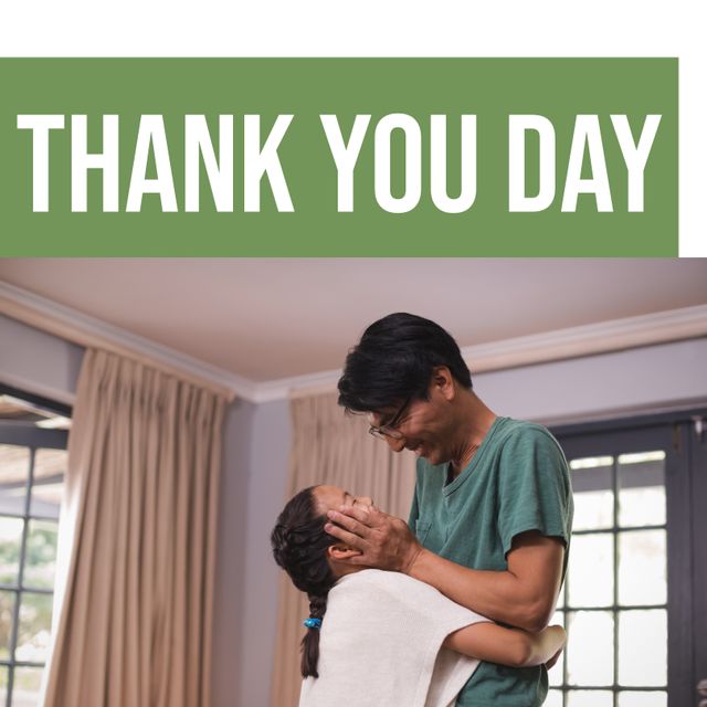 Image shows an Asian father embracing his daughter with a smile, signifying appreciation and gratitude on Thank You Day. Ideal for content related to family values, heartfelt celebrations, appreciation campaigns, parenting articles, and advertisements showing love and thankfulness. Suitable for social media posts, greeting cards, and wellness blogs emphasizing the importance of gratitude and family bonds.