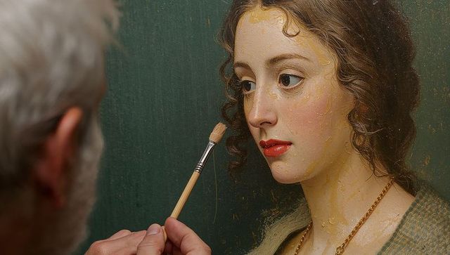 Conservator restoring 19th century oil portrait with delicate brushwork and gold necklace