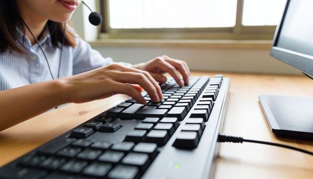 Typing support agent wearing headset at home workstation with wired keyboard and monitor