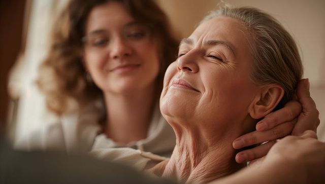 Adult daughter cradling senior mother, tender intergenerational care and warmth