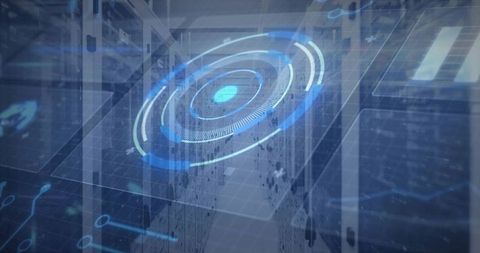Holographic Circular Interface Hovering Over Data Center Aisle Blue Futuristic Network HUD