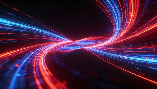 Twisting neon data streams forming infinity knot in futuristic blue and red light