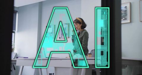 Asian Woman Reviewing Papers in Modern Office Setting with AI Infusion