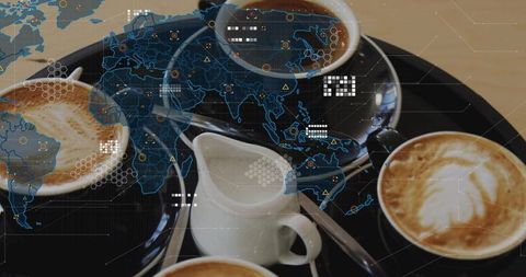 Global coffee meetup flatlay with latte art and blue HUD world map overlay