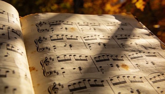 Vintage sheet music showing treble clefs, aged spots and autumn leaf shadows, closeup