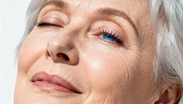 Senior woman winking showing luminous skin texture, blue eye focus, soft natural eyelashes