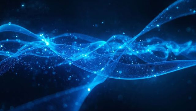 Flowing blue light ribbons weaving through digital space with glowing particle mesh