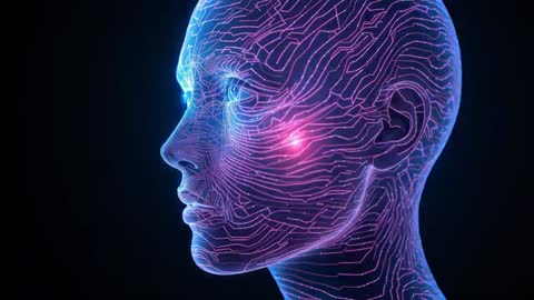 Futuristic Digital Head with Pulsating Neon Circuits