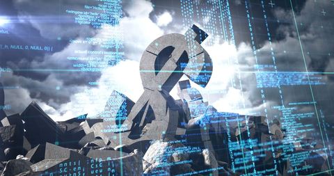 Collapsing dollar symbol overlaid with digital codes and numbers