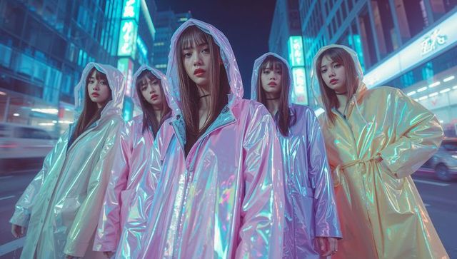 Neon Raincoat Fashion at Night: Futuristic Urban Vibes