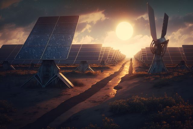 Solar panels with sun shining, created using generative ai technology. Wind energy, solar energy, sustainability, environment and climate change concept digitally generated image.
