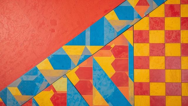 Diagonal geometric mosaic featuring triangles and checkerboard tiles in vivid red yellow blue