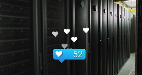 Server racks illuminated with social media interaction icon
