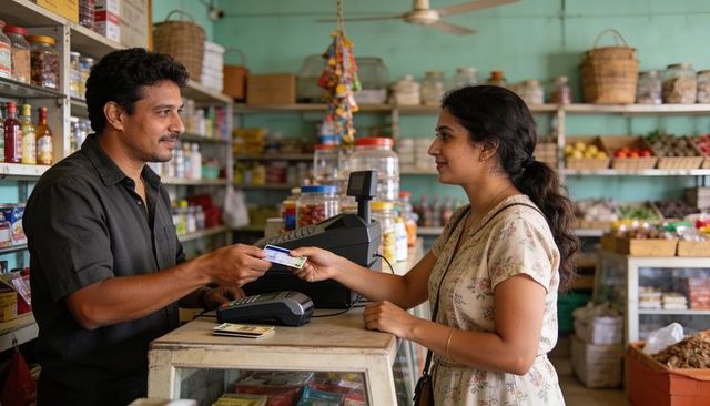Neighborhood grocery checkout showing friendly vendor and customer paying by card