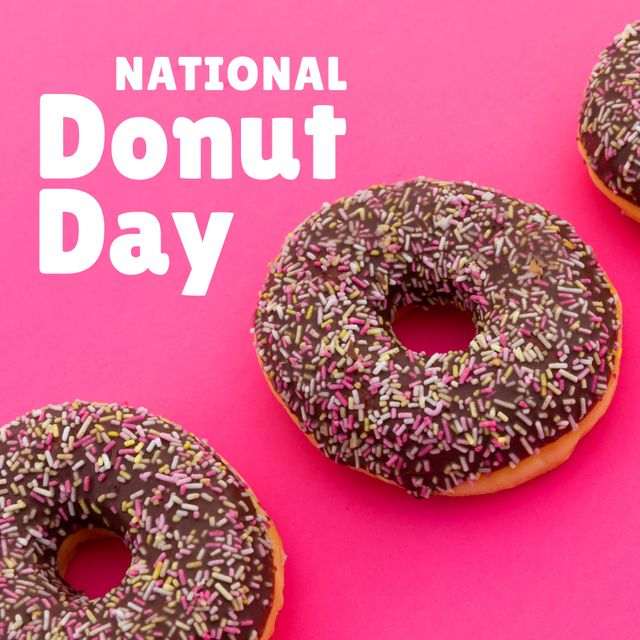 National Donut Day Celebration with Chocolate Frosted Donuts on Pink Background - Download Free Stock Templates Pikwizard.com