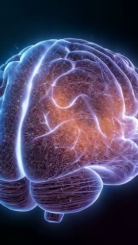 Rotating 3D Brain Revealing Neural Network with Pulsing Orange Activity - Vertical Video