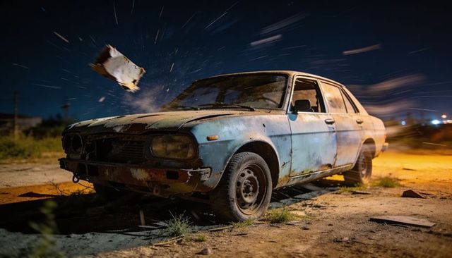 Rusting blue sedan sitting in night lot with peeling paint and airborne debris