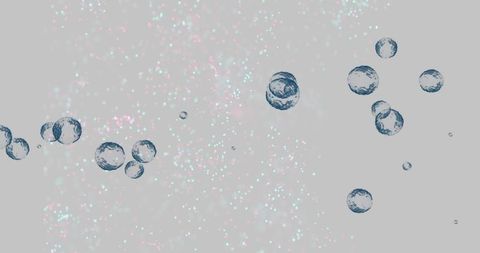 Floating blue-tinted bubbles drifting through mint sparkles on pale gray backdrop