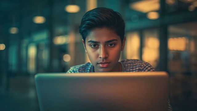 Focused woman on laptop in warm cozy café lighting