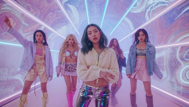 Futuristic Performance with Stylish Group Amid Neon Glow