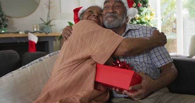 Elderly couple celebrating Christmas in their living room. Both are wearing Santa hats and sharing a hug while exchanging a red gift box. There is a Christmas tree in the background. This image can be used for holiday marketing, advertisements, blog posts about family celebrations, or any content emphasizing togetherness and joy during the holiday season.