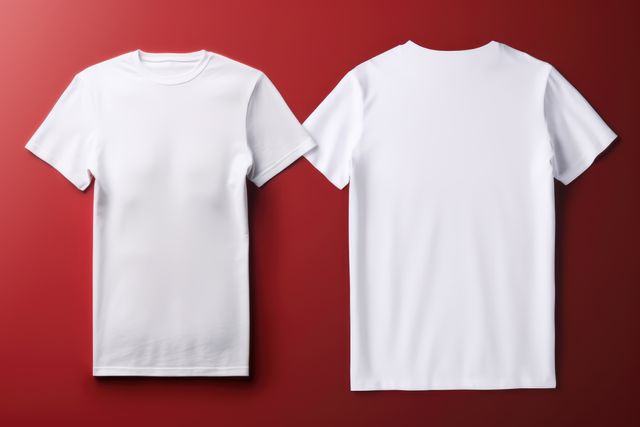 Blank white t-shirts displayed on red background in front and back views. Ideal for clothing designers showcasing their designs, eCommerce stores, and fashion marketing materials. Useful for creating mockups for custom prints and branding.