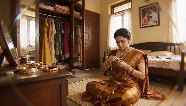 Indian woman arranging gold necklace while sitting in silk sari during home dressing ritual