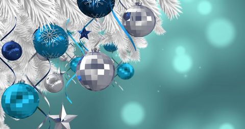 Festive Christmas Tree Decorations with Blue and Silver Baubles
