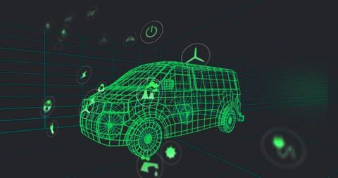 Neon Grid Van Model in Virtual 3D Space with Tech Icons