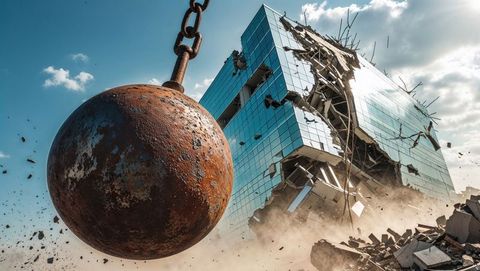 Rusted wrecking ball destroying glass paneled building in urban area