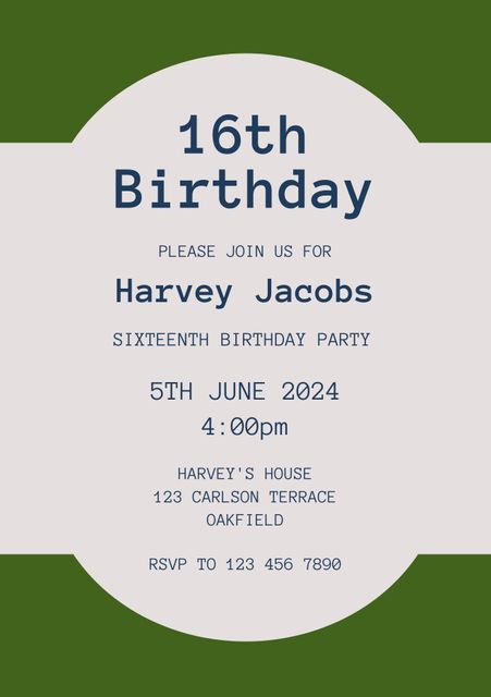 This sleek and stylish birthday invitation template features a minimalistic design with clean lines and green accents. Versatile and elegant, suitable for a formal 16th birthday party. Customize the text to suit anniversaries or other formal events. Use for creating professional-looking invitations that stand out.