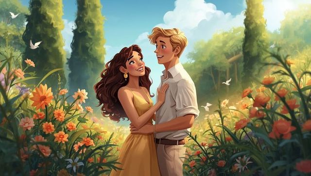 Romantic couple embracing in vibrant flower garden