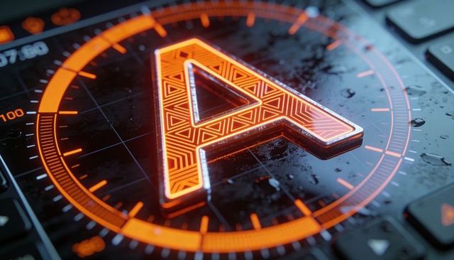 Glowing letter a resting on glossy keycaps with orange hud reticle and droplets
