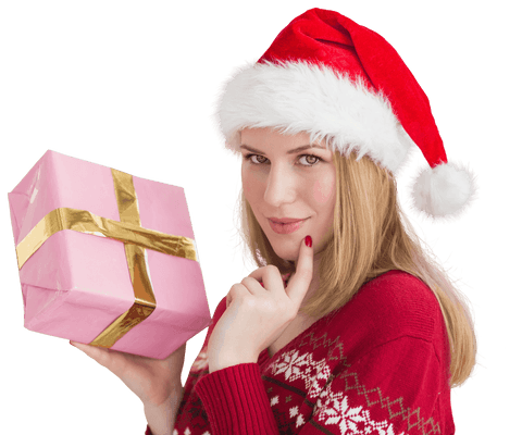 Joyful Woman in Santa Hat Holding Gift Transparent Background