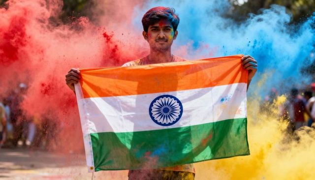 Young man holding indian tricolor amid vibrant holi clouds celebrating pride