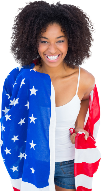 Smiling Woman in White Top Wrapped in an American Flag on Transparent Background - Download Free Stock Videos Pikwizard.com