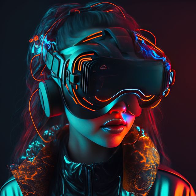 Caucasian woman in glowing vr headset on black background, created using generative ai technology. Cyber technology and futuristic virtual reality headset concept digitally generated image.