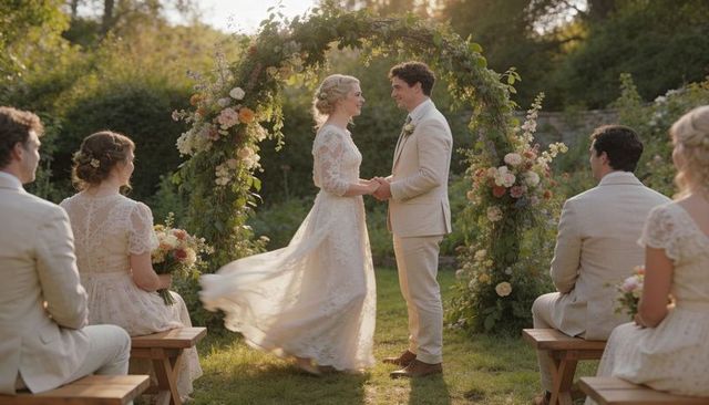 Romantic garden wedding ceremony bride and groom holding hands beneath flower arch at sunset
