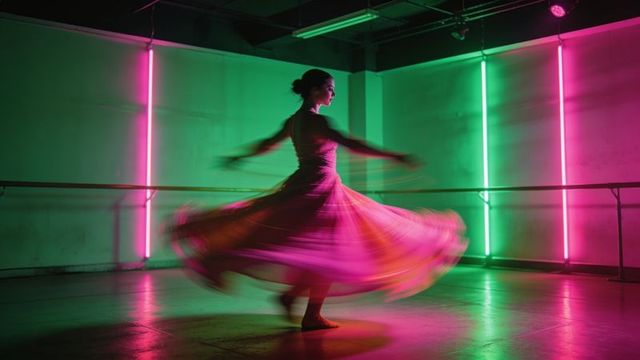 Spinning ballet dancer wearing flowing skirt under neon pink and green studio lights motion blur