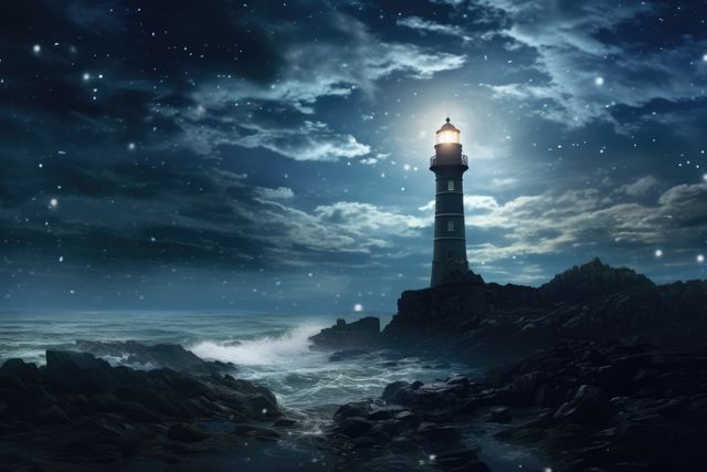 Lighthouse standing strong on a rocky coastline with waves crashing and snow falling at night. Tower emits bright light guiding sailors. Perfect for themes around maritime safety, winter scenery, and solitude. Great for use in winter-themed designs, nautical promotions, or calming backgrounds.