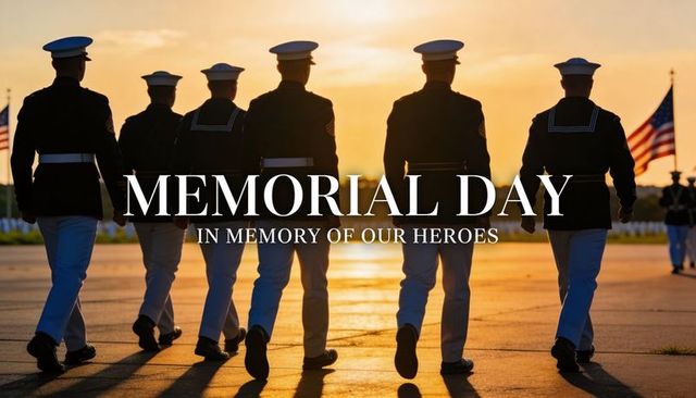 Uniformed service members marching at sunset memorial day cemetery tribute