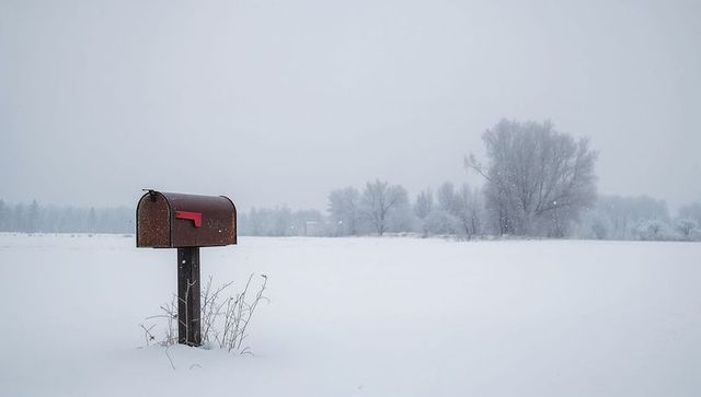 Rusty mailbox standing in snow-covered rural field with red flag, minimal winter solitude