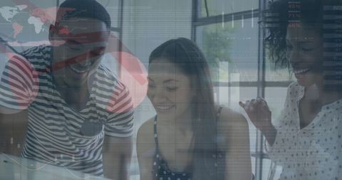 Diverse Professionals Reviewing Data with Technology Interface