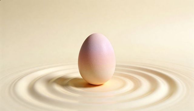 Pastel eggshell standing upright on cream plane creating concentric ripples and soft light