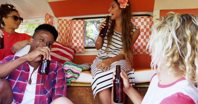 Group of Friends Having Fun Inside a Retro Camper Van - Download Free Stock Images Pikwizard.com