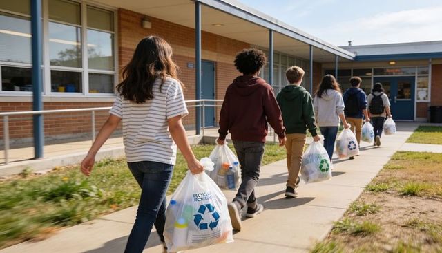 Students walking with clear recycling bags toward school entrance for campus recycling